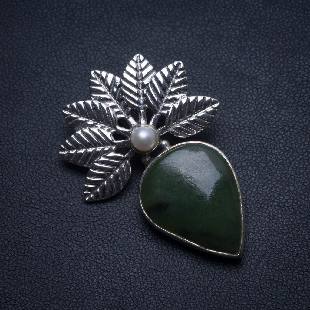 Natural Chrysoprase and River Pearl Leaf Handmade Mexican 925 Sterling Silver Pendant 1 1/2