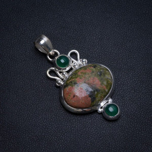Natural Green Unakite and Chrysoprase Handmade Mexican 925 Sterling Silver Pendant 1 3/4" T0256