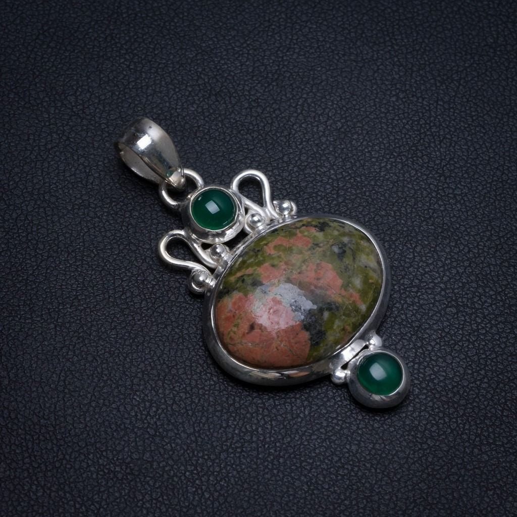 Natural Green Unakite and Chrysoprase Handmade Mexican 925 Sterling Silver Pendant 1 3/4