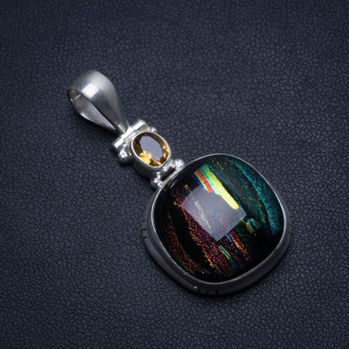 Natural Rainbow Dichroic Glass and Citrine Handmade Boho 925 Sterling Silver Pendant 1 3/4