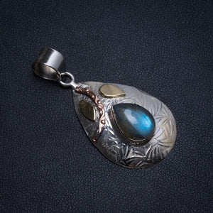 Natural Two Tones Blue Fire Labradorite Indian 925 Sterling Silver Pendant 2" T0347