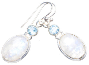 Natural Rainbow Moonstone and Blue Topaz Handmade Unique 925 Sterling Silver Earrings 1.5" X4793
