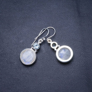 Natural Rainbow Moonstone and Blue Topaz Handmade Unique 925 Sterling Silver Earrings 1.25" X4626