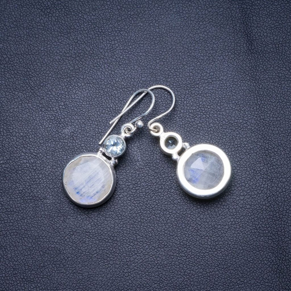 Natural Rainbow Moonstone and Blue Topaz Handmade Unique 925 Sterling Silver Earrings 1.25