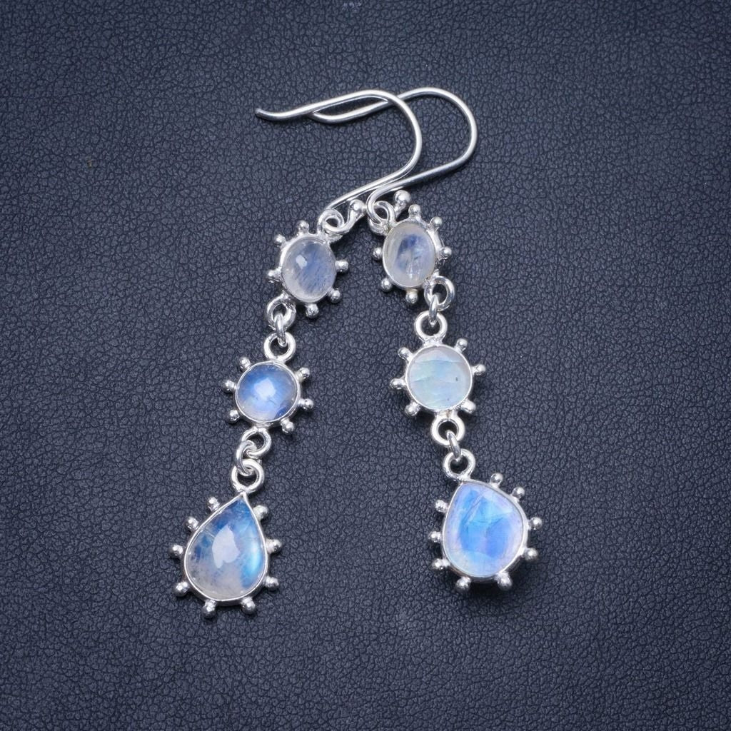 Natural Rainbow Moonstone Handmade Unique 925 Sterling Silver Earrings 2.25