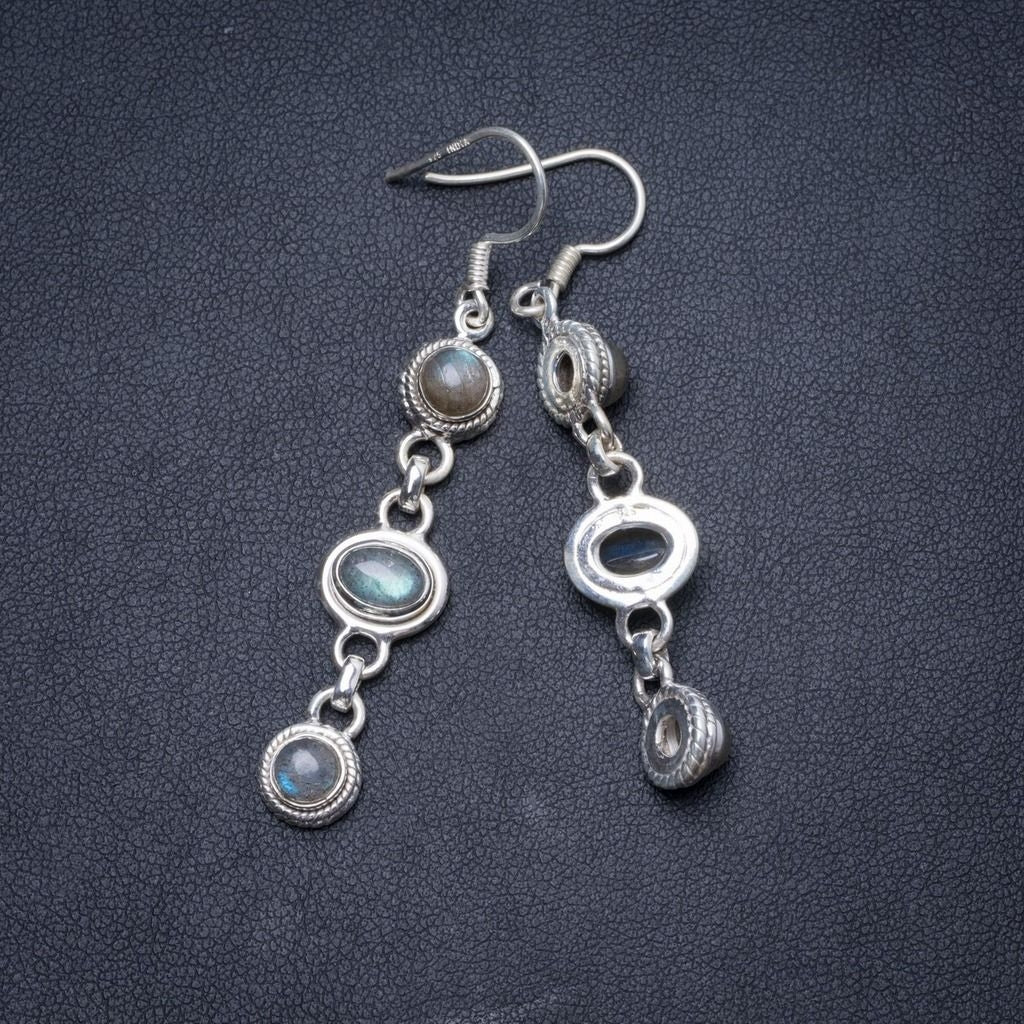 Natural Blue Fire Labradorite Handmade Unique 925 Sterling Silver Earrings 2.25
