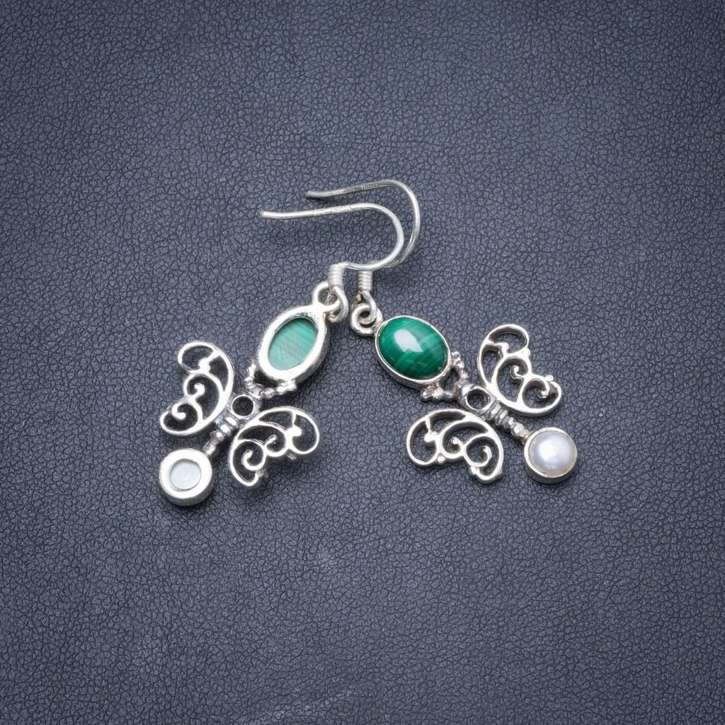 Natural Malachite and River Pearl Handmade Unique 925 Sterling Silver Earrings 1.75