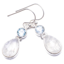 Natural Rainbow Moonstone and Blue Topaz Handmade Unique 925 Sterling Silver Earrings 1 1/4" Y2056