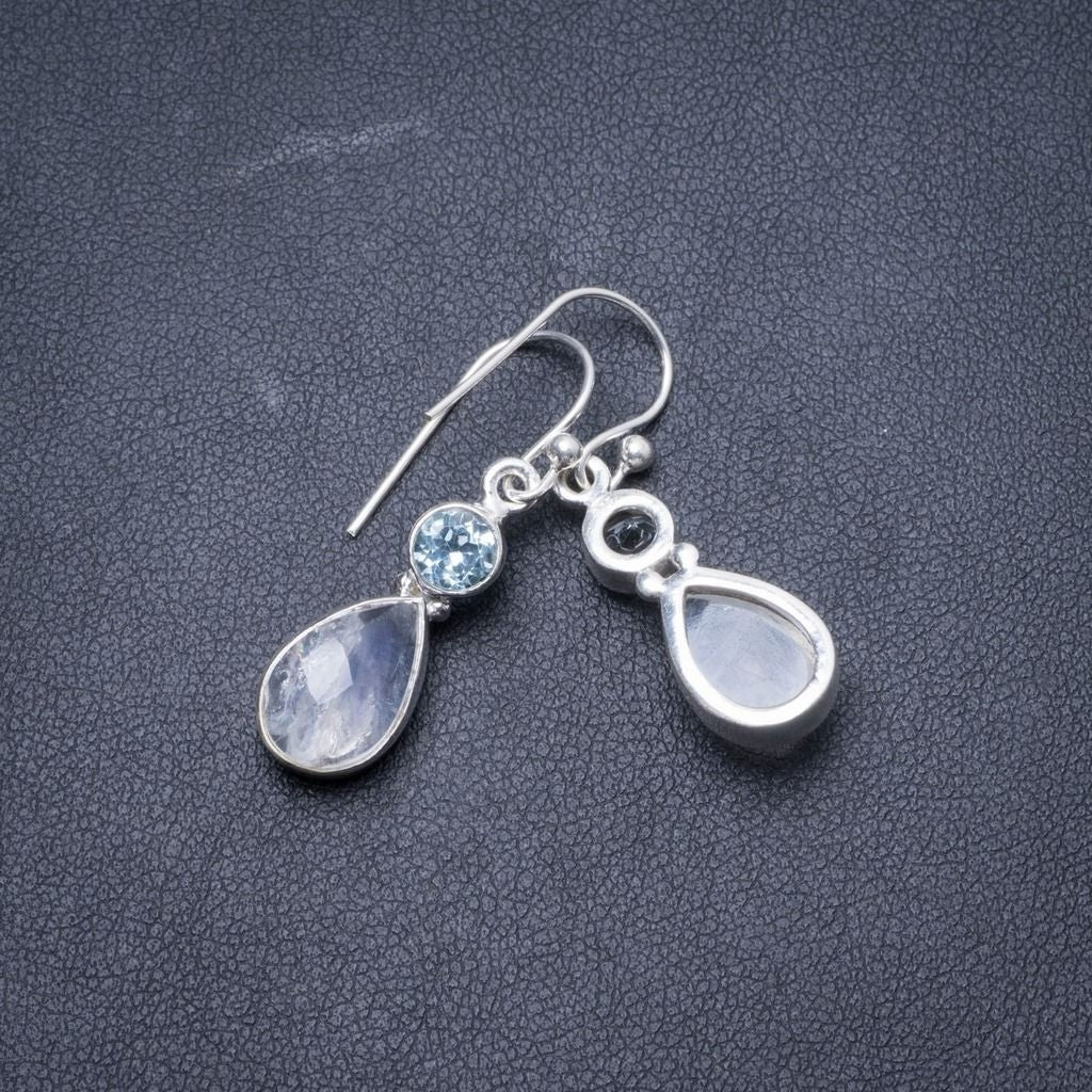 Natural Rainbow Moonstone and Blue Topaz Handmade Unique 925 Sterling Silver Earrings 1 1/4