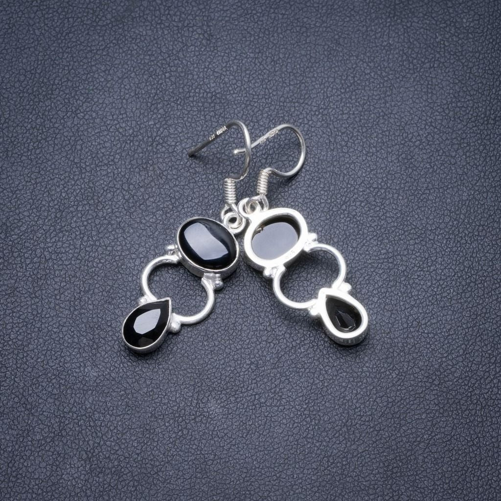 Natürliche schwarze Onyx handgefertigte einzigartige 925 Sterling Silber Ohrringe 1 3/4
