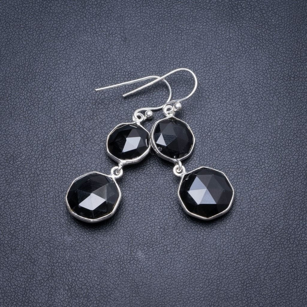 Natürliche schwarze Onyx handgefertigte einzigartige 925 Sterling Silber Ohrringe 1 3/4