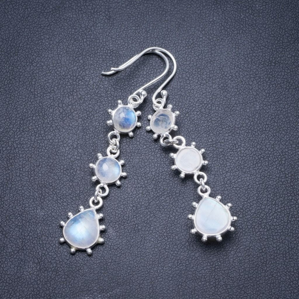 Natural Rainbow Moonstone Handmade Unique 925 Sterling Silver Earrings 2 1/4