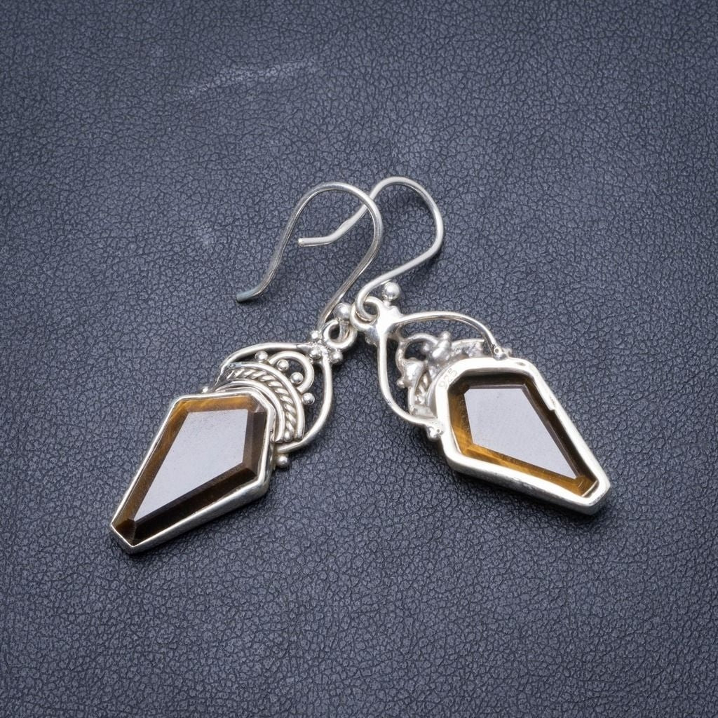Natural Tiger Eye Handmade Unique 925 Sterling Silver Earrings 1 3/4