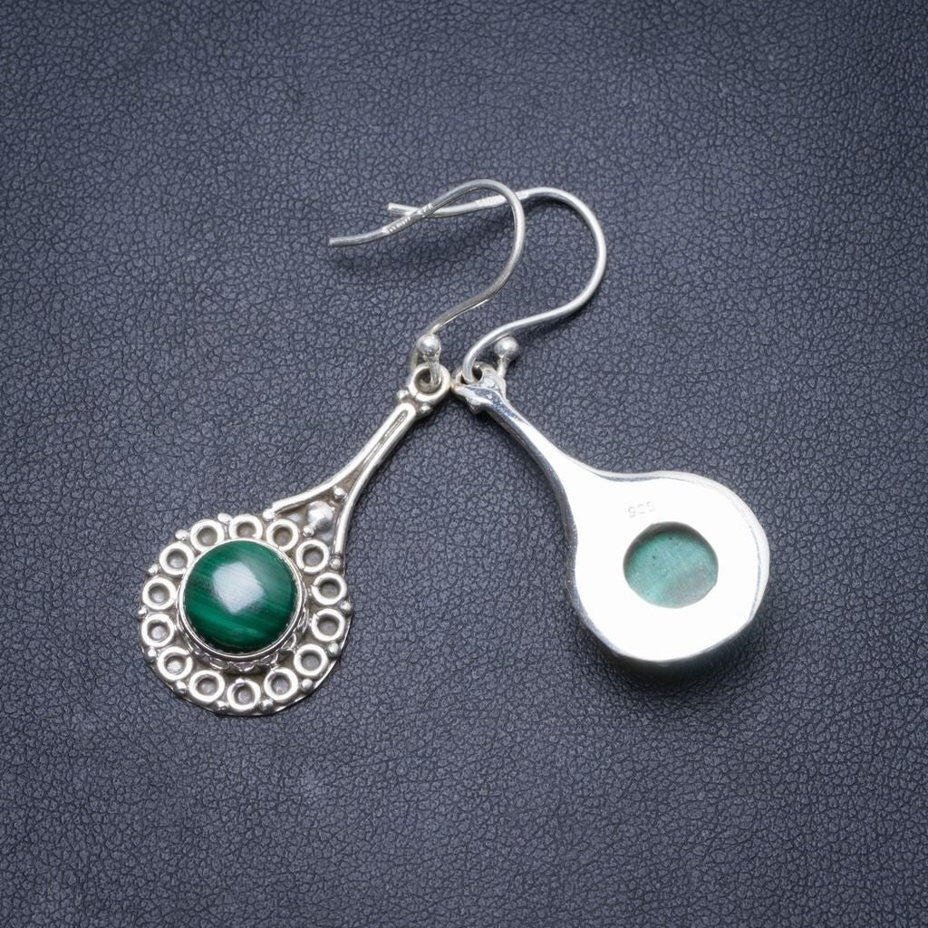 Natural Malachite Handmade Unique 925 Sterling Silver Earrings 1 3/4