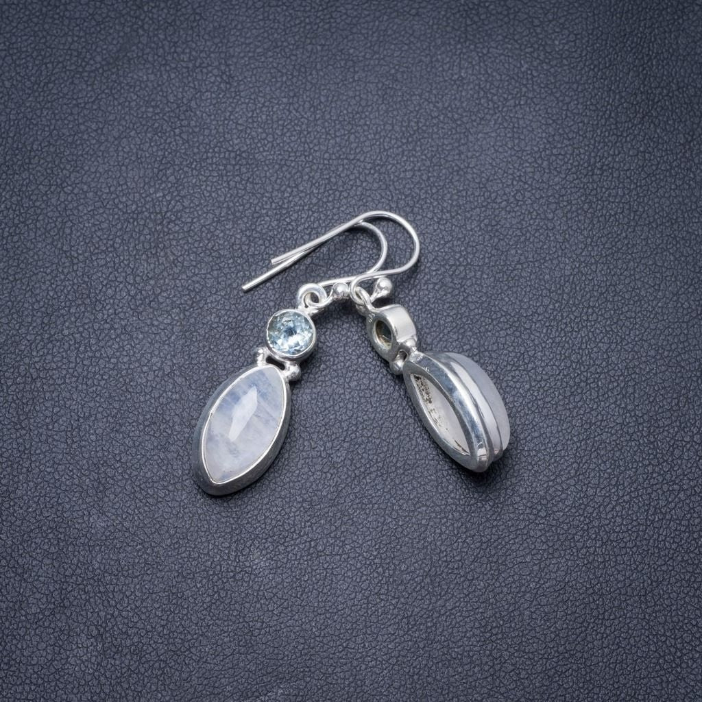 Natural Rainbow Moonstone and Blue Topaz Handmade Unique 925 Sterling Silver Earrings 1.25