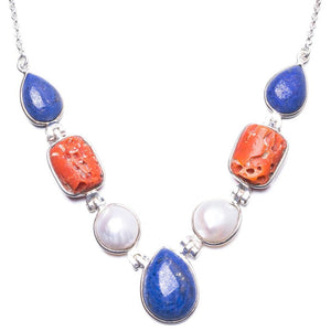 Lapis Lazuli,Natural Hole Red Coral and River Pearl Handmade 925 Sterling Silver Necklace 16.5" Y3498