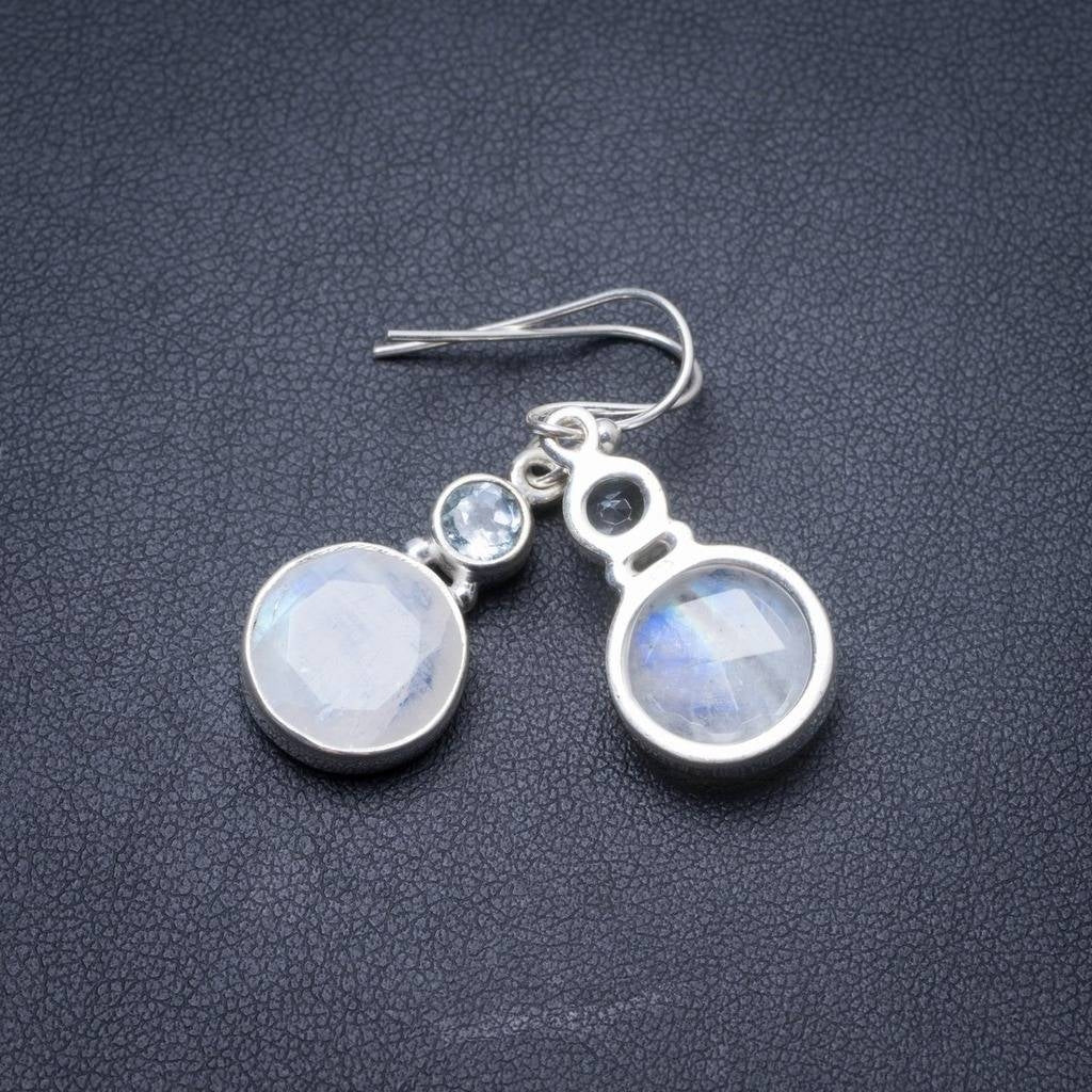Natural Moonstone and Blue Topaz Handmade Unique 925 Sterling Silver Earrings 1.25