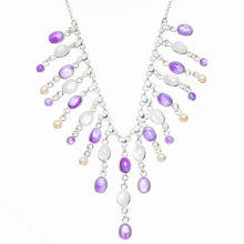 Rainbow Moonstone,Amethyst and River Pearl 925 Sterling Silver Necklace 16+1.75" Y5559