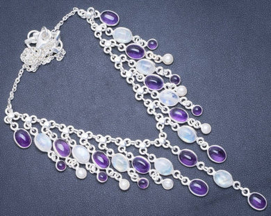 Rainbow Moonstone,Amethyst and River Pearl 925 Sterling Silver Necklace 16+1.75