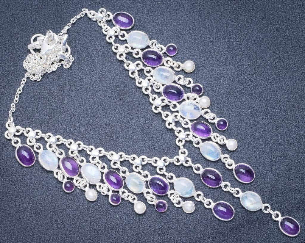 Rainbow Moonstone,Amethyst and River Pearl 925 Sterling Silver Necklace 16+1.75