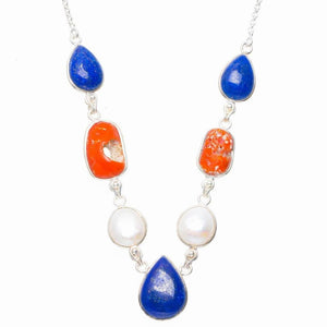 Natural Red Coral,Lapis Lazuli and River Pearl 925 Sterling Silver Necklace 16.5+1.75" Y5535