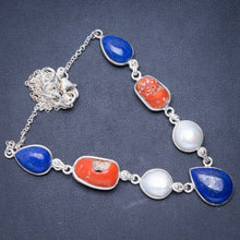 Natürliche rote Koralle, Lapislazuli und Flussperle 925 Sterling Silber Halskette 16,5+1,75" Y5535