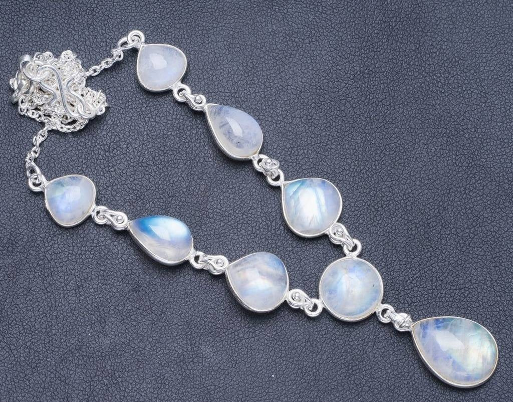 Natural Rainbow Moonstone Handmade Unique 925 Sterling Silver Necklace 17.75+0.5