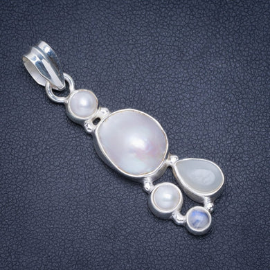 Natural River Pearl,Cat Eye and Rainbow Moonstone Handmade Unique 925 Sterling Silver Pendant 2