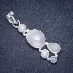 Natural River Pearl,Cat Eye and Rainbow Moonstone Handmade Unique 925 Sterling Silver Pendant 2" A0040