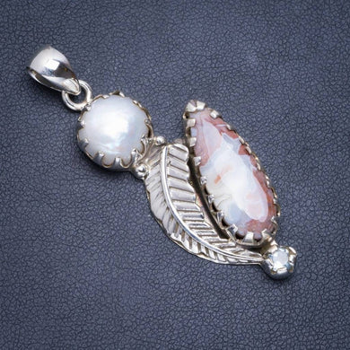 Natural Crazy Lace Agate and River Pearl Handmade Unique 925 Sterling Silver Pendant 2