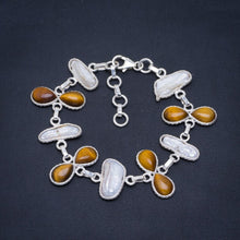 Natural Biwa Pearl and Tiger Eye Handmade Unique 925 Sterling Silver Bracelet 6.25-7.5" A2898