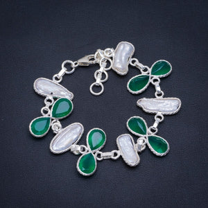 Natural Biwa Pearl and Chrysoprase Handmade Unique 925 Sterling Silver Bracelet 6.25-7.25" A2844