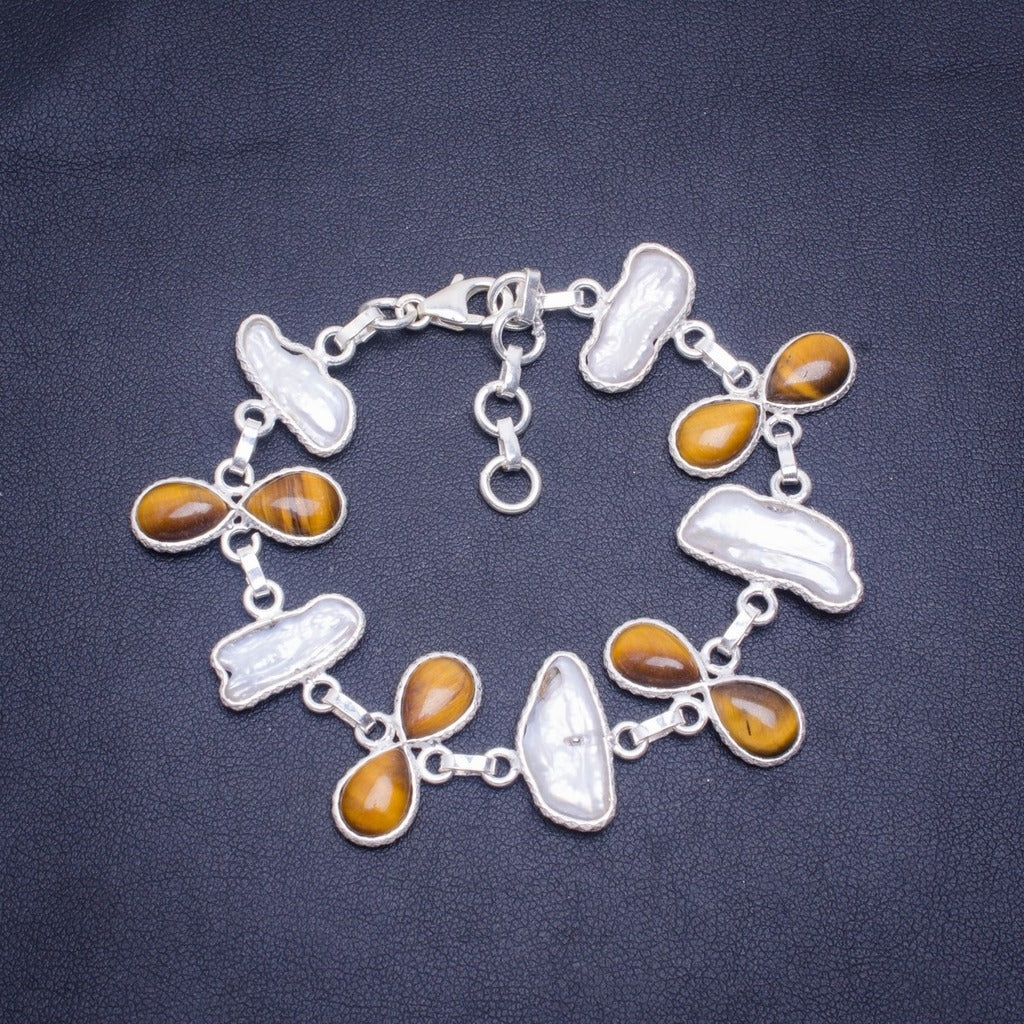 Natürliche Biwa-Perle und Tigerauge, handgefertigtes einzigartiges Armband aus 925er Sterlingsilber, 16,5–19,7 cm, A3054