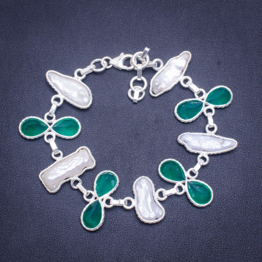 Natural Biwa Pearl and Chrysoprase Handmade Unique 925 Sterling Silver Bracelet 6.25-7.5