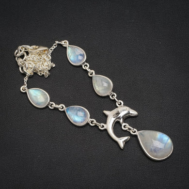 Natürlicher Regenbogen-Mondstein, handgefertigt, einzigartige Halskette aus 925er Sterlingsilber, 41,9 cm + 3,2 cm, A3143