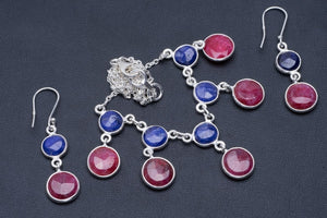 Natural and Sapphire 925 Sterling Silver Jewelry Set Necklace 17" Earrings 1.75" A3547