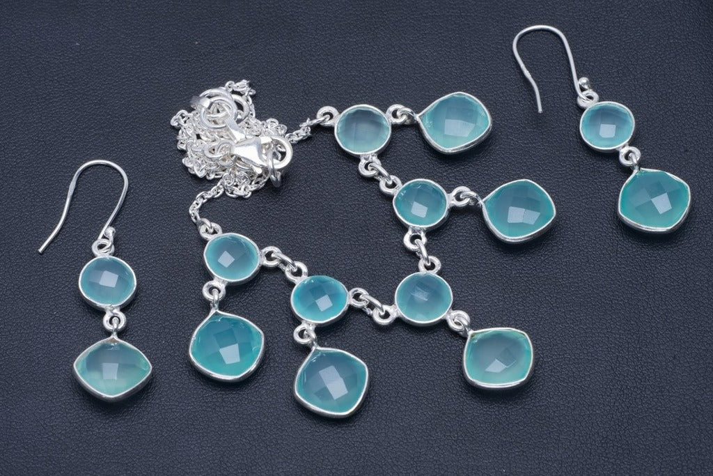 Natural Chalcedony Handmade Unique 925 Sterling Silver Jewelry Set Necklace 17