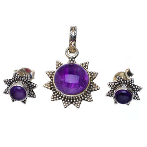 Amethyst Handmade Unique 925 Sterling Silver Jewelry Set Pendant 1.25" Stud 0.5" A3650