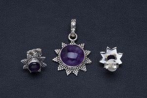 Amethyst Handmade Unique 925 Sterling Silver Jewelry Set Pendant 1.25" Stud 0.5" A3650