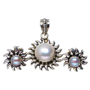Natural River Pearl Handmade Unique 925 Sterling Silver Jewelry Set Pendant 1.25" Stud 0.75" A3655