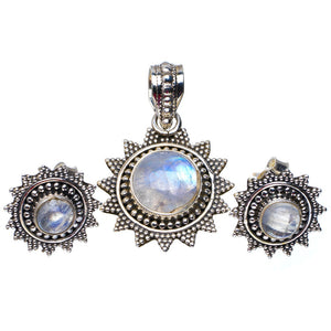 Natural Rainbow Moonstone 925 Sterling Silver Jewelry Set Pendant 1.25" Stud 0.5" A3653