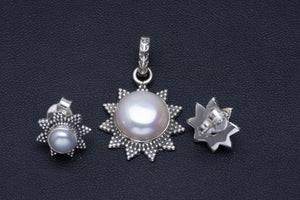 Natural River Pearl Handmade Unique 925 Sterling Silver Jewelry Set Pendant 1.25" Stud 0.5" A3697