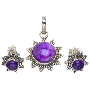 Amethyst Handmade Unique 925 Sterling Silver Jewelry Set Pendant 1.25" Studs 0.5" A3759
