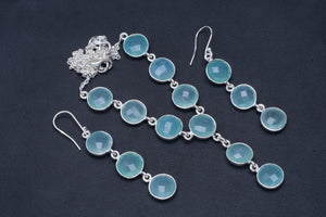 Natural Chalcedony 925 Sterling Silver Jewelry Set Necklace 17.75" Earrings 2.5" A3634
