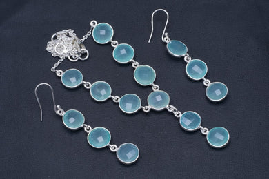 Natural Chalcedony Handmade Unique 925 Sterling Silver Jewelry Set Necklace 17.5