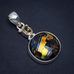 Natural Dichroic Glass and Citrine Handmade Unique 925 Sterling Silver Pendant 1.5" A4789