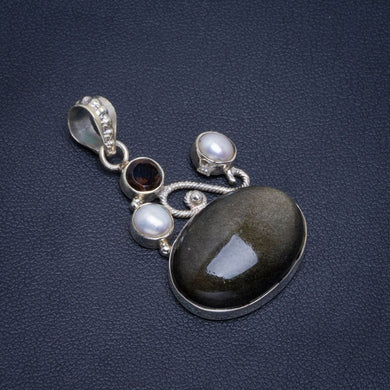 Natural Cat Eye,River Pearl and Black Onyx Handmade Unique 925 Sterling Silver Pendant 1.5