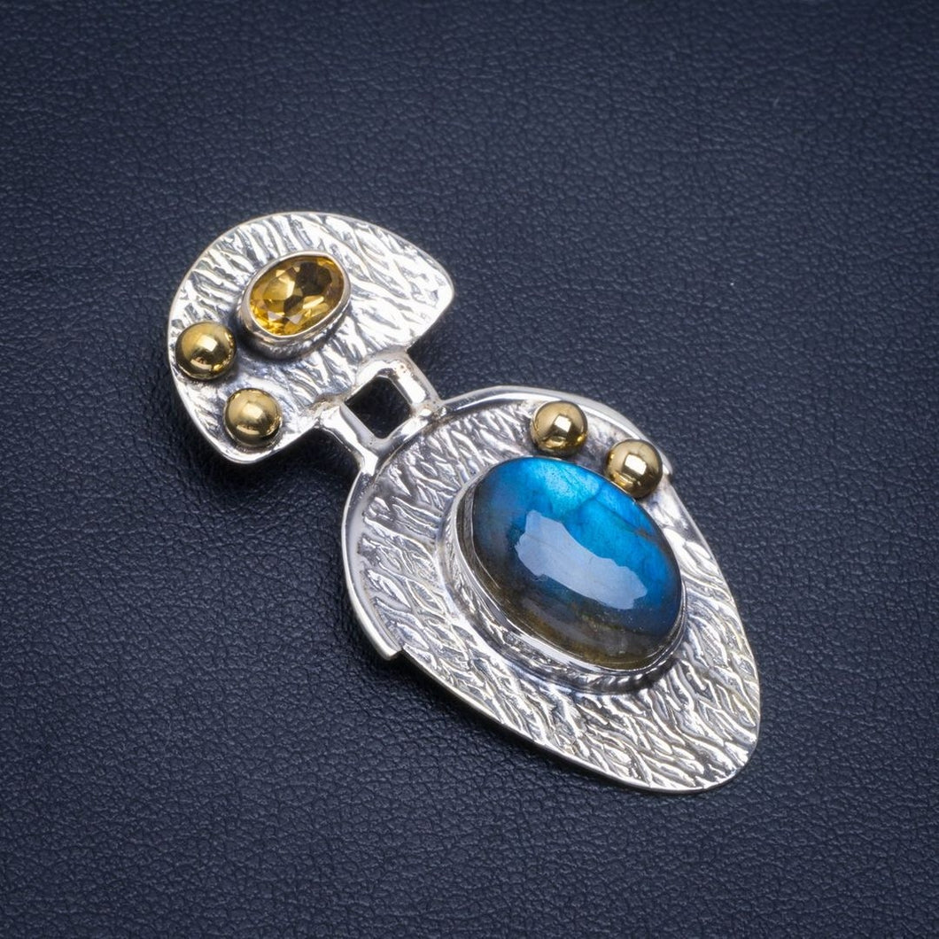 Natural Two Tones Blue Fire Labradorite and Citrine 925 Sterling Silver Pendant 1.75