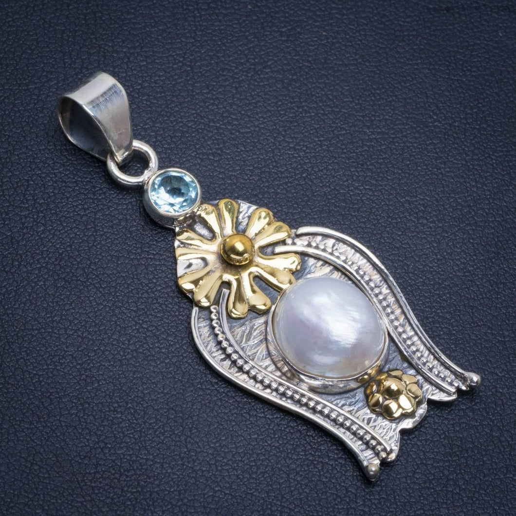 Natural Two Tones Biwa Pearl and Blue Topaz Handmade Unique 925 Sterling Silver Pendant 2