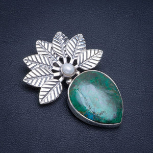 Natural Chrysocolla and River Pearl Handmade Leaf 925 Sterling Silver Pendant 1.5" B4020